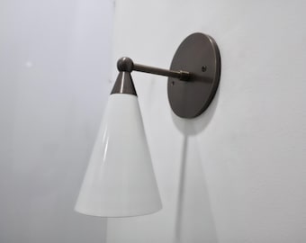 Flush Mount Mid-Century Wall Sconces: Brass Patina & White Cone Lamps