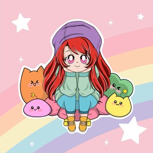 Kawaii Anime Girl Sticker with Plushies, Chibi Anime Girl, Cute Die-Cut Anime Sticker, Chibi Cutie Sticker