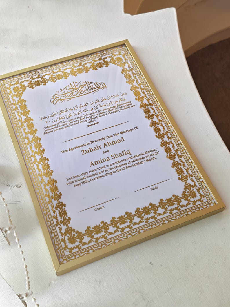 Luxe gepersonaliseerde Nikkah-certificaat A4, islamitisch huwelijkscontract (A4), gouden A4 islamitische bruiloft, Nikkah Nama, moslim huwelijksakte cadeau afbeelding 2