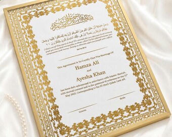 Aangepaste huwelijksakte, Nikkah-certificaat luxe goud A4, islamitisch huwelijkscontract (A4), gouden A4 islamitische bruiloft, Nikkah Nama, moslim cadeau