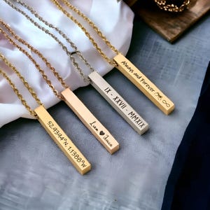 Personalized Engraved Vertical Bar Necklace | Custom Minimalist Jewelry | Name Necklace | Stainless Steel Pendant | Gift for Mom Dad Couple