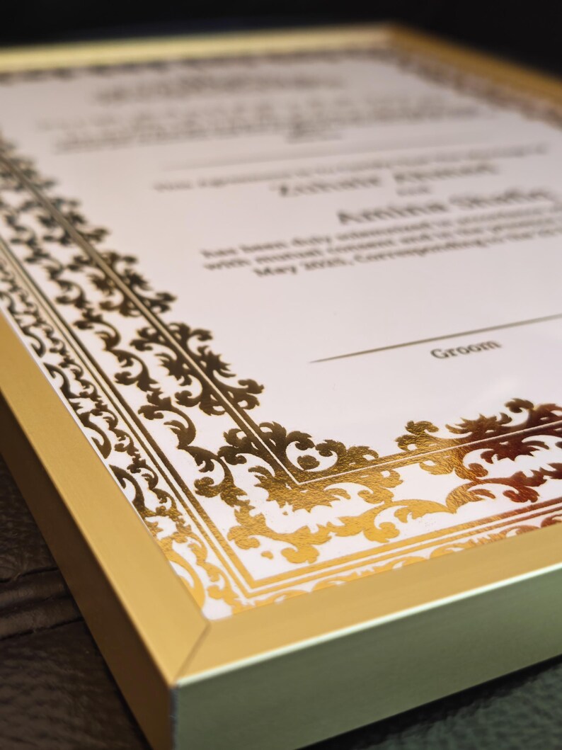 Luxe gepersonaliseerde Nikkah-certificaat A4, islamitisch huwelijkscontract (A4), gouden A4 islamitische bruiloft, Nikkah Nama, moslim huwelijksakte cadeau afbeelding 4