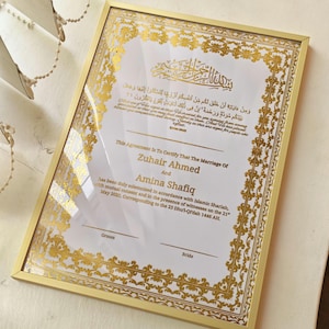 Luxe gepersonaliseerde Nikkah-certificaat A4, islamitisch huwelijkscontract (A4), gouden A4 islamitische bruiloft, Nikkah Nama, moslim huwelijksakte cadeau afbeelding 1