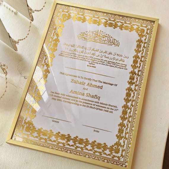 Luxury Personalised Nikkah Certificate A4,Islamic Wedding Contract (A4),Gold A4 Islamic Wedding,Nikkah Nama,Muslim Marriage Certificate Gift
