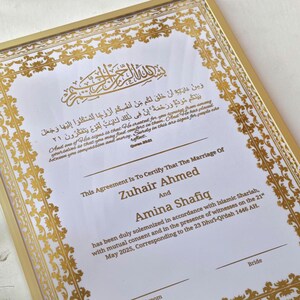 Luxe gepersonaliseerde Nikkah-certificaat A4, islamitisch huwelijkscontract (A4), gouden A4 islamitische bruiloft, Nikkah Nama, moslim huwelijksakte cadeau afbeelding 5