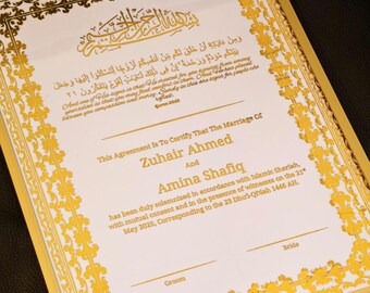 Aangepaste Nikkah-certificaat luxe gouden A4, islamitisch huwelijkscontract (A4), gouden A4 islamitische bruiloft, Nikkah Nama, moslim huwelijksakte cadeau
