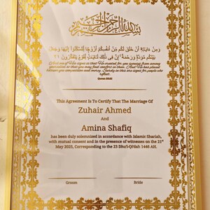Luxe gepersonaliseerde Nikkah-certificaat A4, islamitisch huwelijkscontract (A4), gouden A4 islamitische bruiloft, Nikkah Nama, moslim huwelijksakte cadeau afbeelding 3