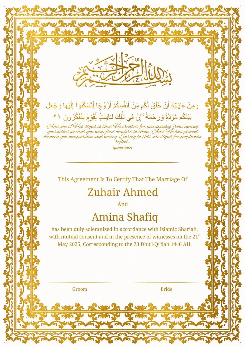 Op de afbeelding: Een gouden huwelijkscertificaat met sierlijke bloemenranden en Arabische kalligrafie. De namen Zuhair Ahmed en Amina Shafiq staan erop, met de datum 21 mei 2025.