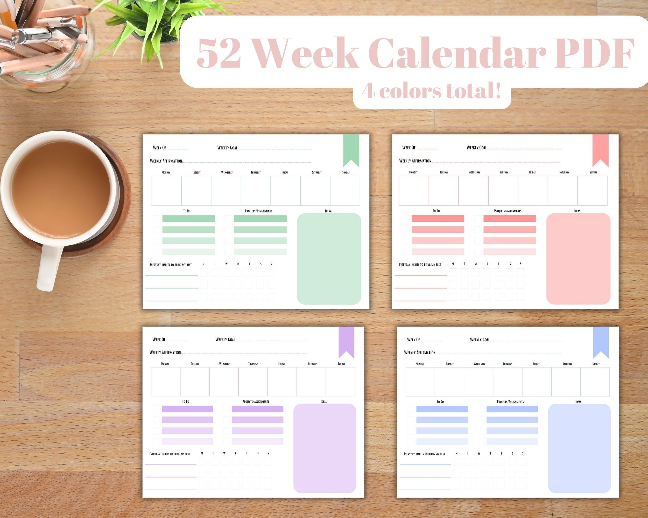 2024 Calendar Printable, Weekly Calendar Printable, Digital Calendar