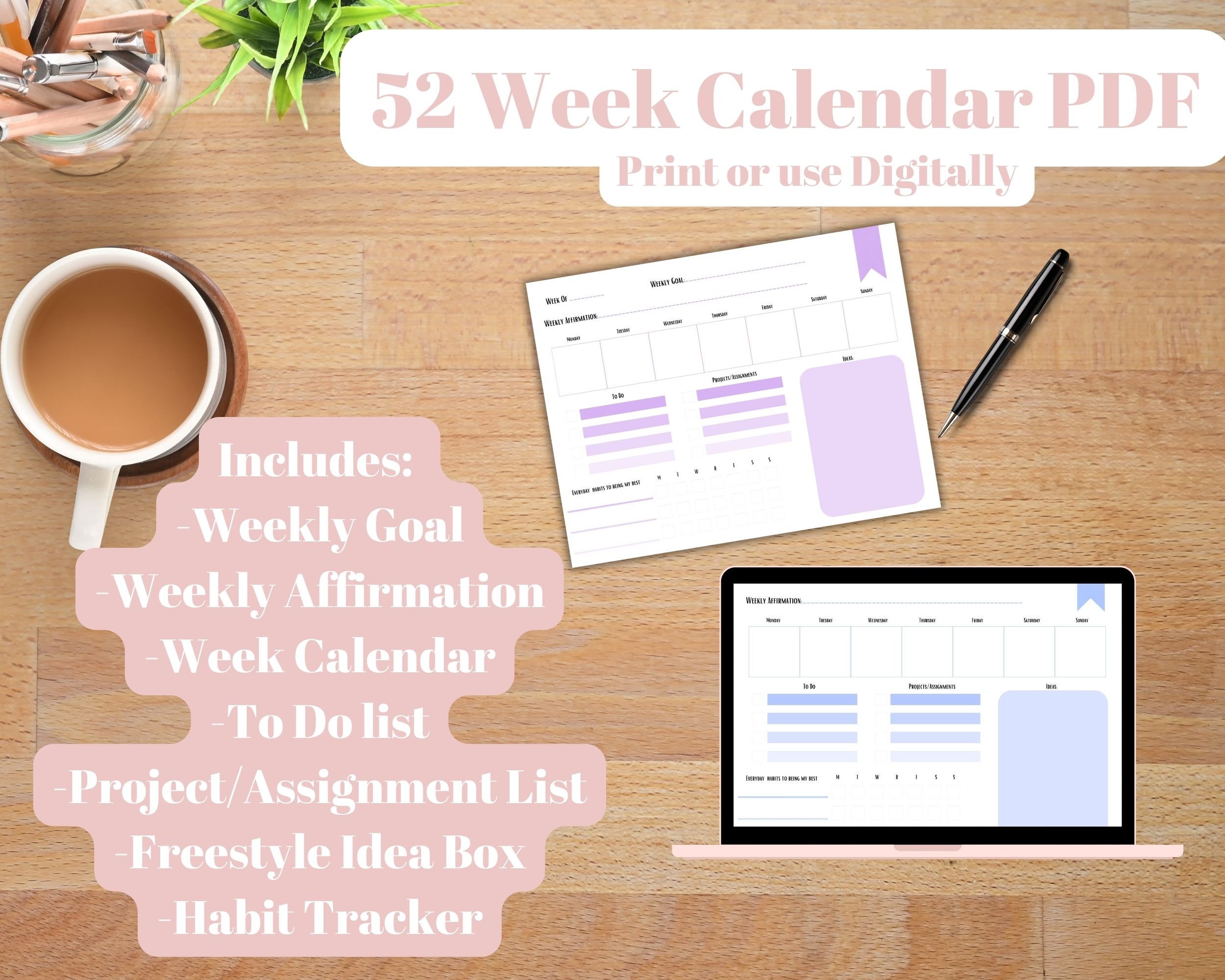 2024 Calendar Printable, Weekly Calendar Printable, Digital Calendar