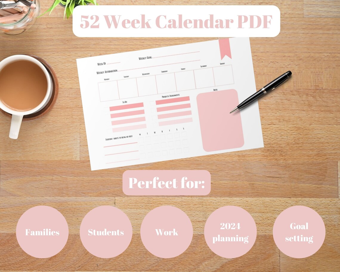 2024 Calendar Printable, Weekly Calendar Printable, Digital Calendar