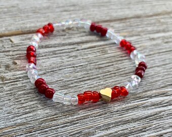 Red and White Glass Seed Bead Bracelet 5 in