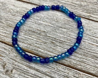 Blue Glass Seed Bead Bracelet 6 in