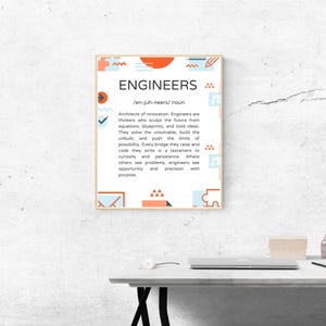 May include: A framed print with the word "ENGINEERS" in bold black letters. The definition of engineers is below the title. The frame has a light wood color, and the background is white.