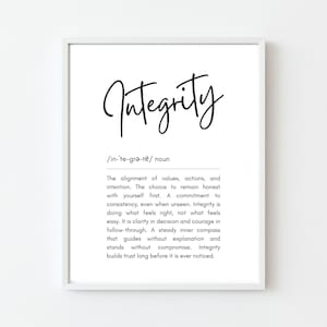 May include: A framed print with the word "Integrity" in elegant black script. Below, a definition of integrity is provided in a clear, easy-to-read font. The print is set against a white background.