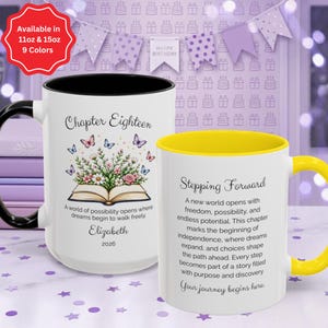 Blooming Into Chapter 18 Birthday Mug Gift Personalized Chapter Eighteen Floral Butterfly Book Coffee Cup Custom Inspirational Present