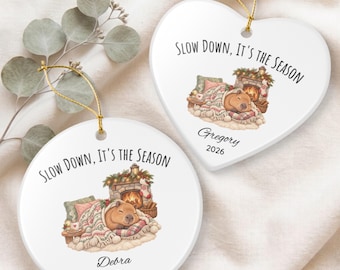 Personalized Capybara Ornament, Custom Name Gift, Sleepy Watercolor Capybara by the Fire, Cozy Christmas Keepsake for Self Care Lovers