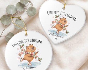 Custom Capybara Christmas Ornament, Personalized Name and Year, Watercolor Capybara Ice Skating, Playful Holiday Gift for Kids and Families