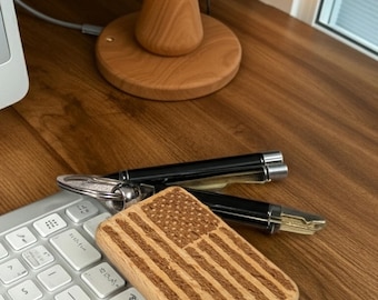 Personalized Wooden Keychain – Distressed Flag, Custom QR Code, Beechwood Engraved Accessory
