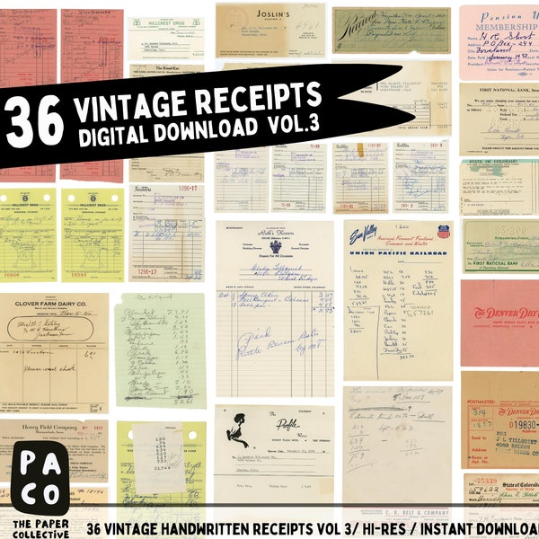 Ephemera Receipt Bundle, 36 Vintage handwriten Receipts, Instant download, Journaling bundle, Junk Journal kit with Antique Book Covers