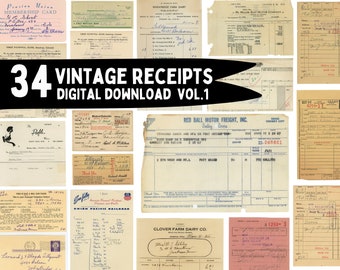 Puede incluir: Una descarga digital de 34 recibos escritos a mano de época. Los recibos son de varios estilos y colores, e incluyen texto como "Pension Union Membership Card", "Wheathedge Farm Dairy", "Red Ball Motor Freight, Inc.", "Clover Farm Dairy Co." y "The Paper Collective".
