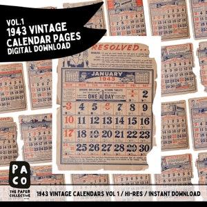 Vintage Kalenderseiten, 1943, Alte Kalender zum digitalen Download, Junk Journal Kit mit alten Buchseiten, Ephemerabundle