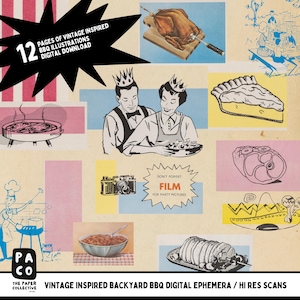 Puede incluir: Un conjunto de 12 ilustraciones de inspiración vintage para fiestas de barbacoa en el patio trasero. Las ilustraciones presentan una variedad de imágenes, que incluyen un pavo asado, un pastel, un jamón, una cámara y una parrilla. Las ilustraciones están en un estilo retro con colores brillantes y líneas audaces. El texto "12 PAGES OF VINTAGE INSPIRED BBQ ILLUSTRATIONS DIGITAL DOWNLOAD" está incluido en la imagen.