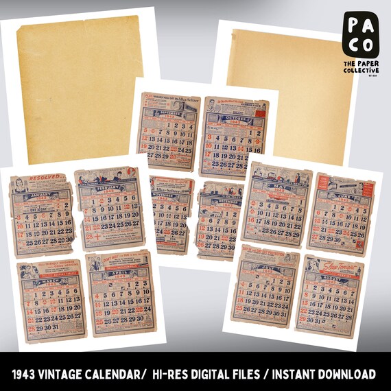 昭和レトロ　戦前　カレンダー　ヴィンテージ コレクション　当時物　印刷物 Vintage Calendar Pages, 1943, Old Calendars for Digital