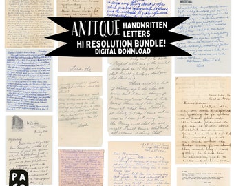 May include: A collection of 100 antique handwritten letters in a digital download bundle. The letters are in various styles and fonts, and some include illustrations. The letters are high resolution and perfect for crafting, scrapbooking, and other creative projects.