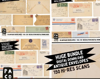 150 Vintage Envelope Ephemera, Antique Handwritten Postal Scans (Digital Download)