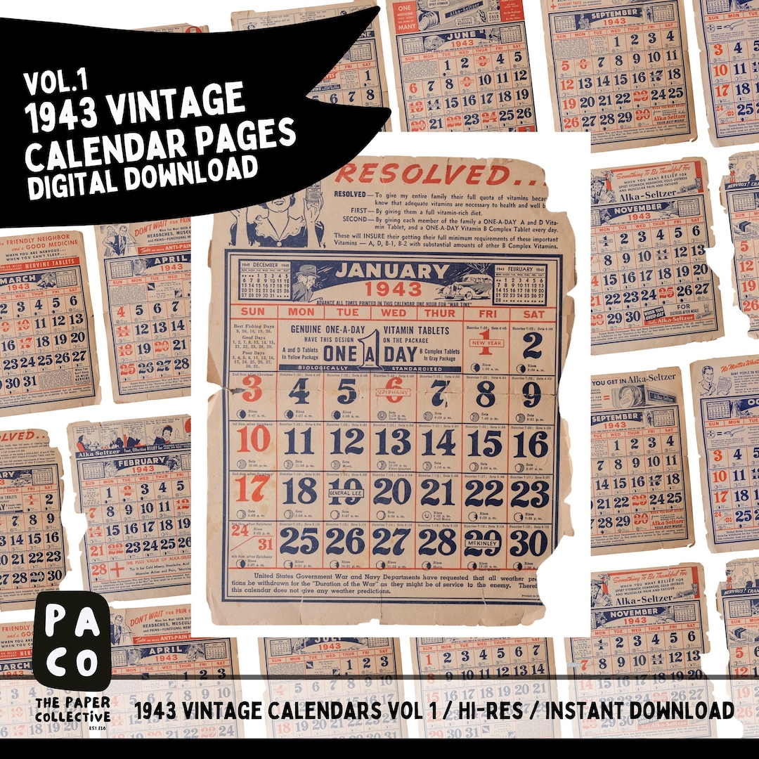 Vintage Calendar Pages, 1943, Old Calendars for Digital Download, Junk ...