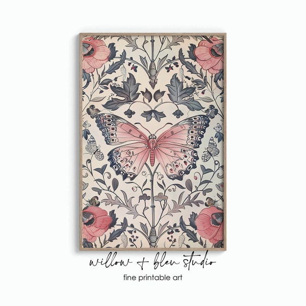 William Morris Printable Pink Butterfly Wall Art, Instant Download Rococo Art Nouveau Floral Botanical Prints, Maximalist Boho Nursery Decor