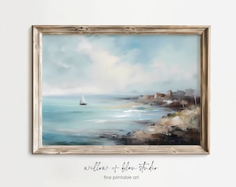 Mediterranean Sailboat Seascape Printable, Coastal Wall Art, Ocean Landscape Digital Download