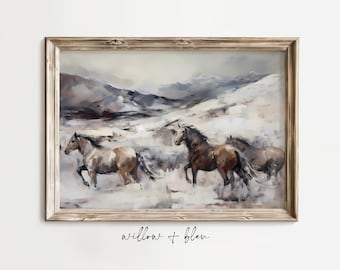 Western Landscape Fine Art Printable Horses Original Oil Painting Wild Mustang Wall Art Instant Download
