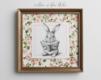 Storybook Bunny Art Printable, Pink & Green Cottage Nursery Decor, Rabbit Reading Digital Download
