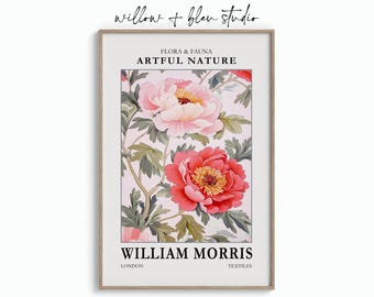 Lámina decorativa romántica de peonías, póster botánico inspirado en William Morris, descarga digital floral estilo cottagecore.