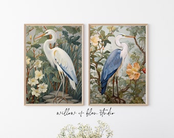 William Morris Heron Print Set: Chinoiserie Botanical Bird Art (Digital Download)