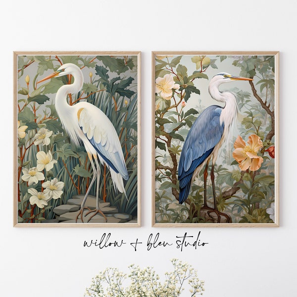 William Morris Heron chinoiserie Wall Art Set Instant Download Rococo Art Nouveau Floral Botanical Prints Victorian Décor