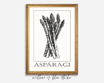 May include: A black and white illustration of a bunch of asparagus in a gold frame. The text "ASPARAGI" is printed below the illustration. The text "willow + blen studio" is printed below the frame.