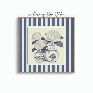 Hydrangea flowers in chinoiserie vase printable wall art, square blue and white striped coastal cottage decor, Hamptons style ginger jar art