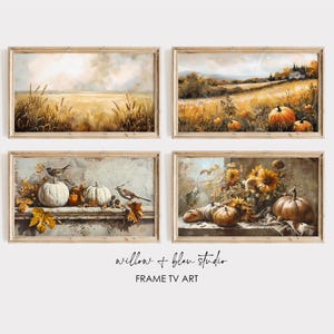 May include: Set of four framed fall-themed paintings. The top left painting shows a field of wheat with a cloudy sky. The top right painting shows a field with a farmhouse in the distance. The bottom left painting shows a still life with pumpkins, gourds, and birds. The bottom right painting shows a still life with sunflowers, pumpkins, and bread.