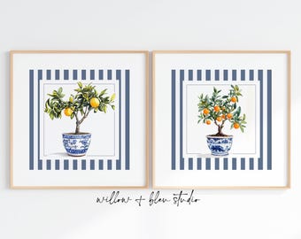 Chinoiserie Citrus Tree Watercolor Printable Set, Blue & White Coastal Art, Grandmillenial Digital Download