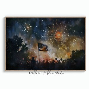 A vibrant and patriotic printable artwork showcasing brilliant nighttime fireworks bursting above a silhouetted crowd, with a proudly waving American flag adding a bold, inspiring focal point—perfect for festive décor and celebration displays.