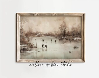 Vintage Hockey Printable, Neutral Winter Ice Skaters Art, Rustic Farmhouse Digital Download