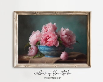 Vintage Floral Painting, Pink Peonies Still Life Printable, Cottage Farmhouse Digital Download