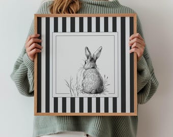 Vintage Bunny Sketch Printable, Cottagecore Nursery Art, Neutral Rabbit Digital Download