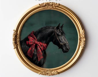 Estampado navideño ecuestre vintage, cinta de cuadros con caballo negro (descarga digital)