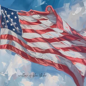 May include: An artistic rendering of the American flag waving in the wind. The flag features red and white stripes and a blue canton with white stars. The background is a blend of blue and white brushstrokes, suggesting a cloudy sky. The text "willow + bleu studio" is in the bottom left corner.