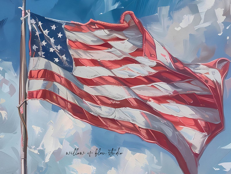 May include: An artistic rendering of the American flag waving in the wind. The flag features red and white stripes and a blue canton with white stars. The background is a blend of blue and white brushstrokes, suggesting a cloudy sky. The text "willow + bleu studio" is in the bottom left corner.