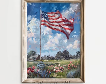 水彩画のアメリカ国旗アートプリント：山の草原の風景（デジタル